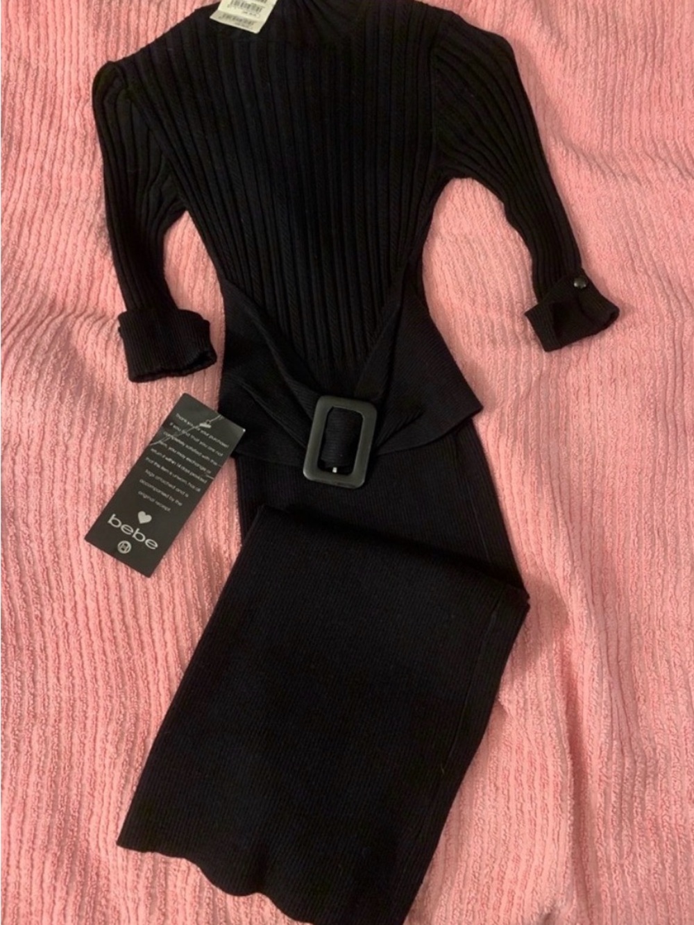 bebe Black Ribbed Long-Sleeve Belted Dress Size Small